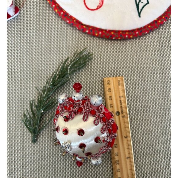 Vintage Handmade Beaded Christmas Satin String Ornament Red Silver - Picture 2 of 4